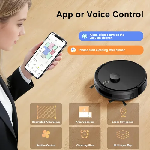 Vista 2 de Combo robot de aspiradora y trapeador, aspiradoras robóticas con navegación LiDAR, mapeo inteligente, fuerte succión, con WiFi/App/Alexa/control