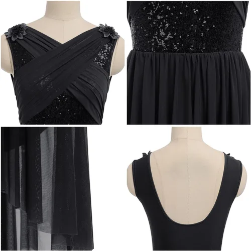Vista 5 de AFAVOM Disfraz de baile lírico para mujer, vestido de lentejuelas con flores, falda asimétrica de tul fluida, disfraces de danza contemporánea