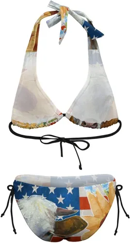 Vista 8 de Bikini Novia Cuello en V Bandera Granja Girasol Traje de baño de dos piezas Sea Ajustable Tie String