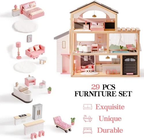 Vista 4 de ROBOTIME Casa de muñecas de madera, casa de muñecas con juego de muebles de 29 piezas, piscina y ascensor, casa de muñecas de madera para muñecas