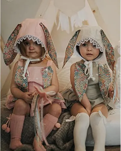 Vista 2 de FYBITBO Traje de Pascua para bebé recién nacido, sin mangas, con orejas de conejo, lindo disfraz de conejo con orejas y sombrero