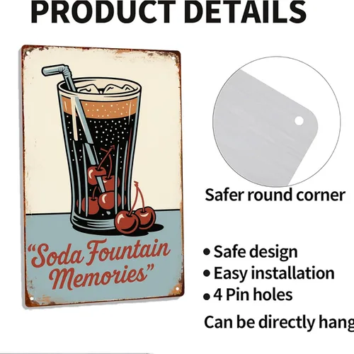 Vista 4 de Cartel de metal retro con fuente de soda y cerezas, decoración de pared, para garaje, hombre, cueva, baño, dormitorio, granja, inspirador, arte