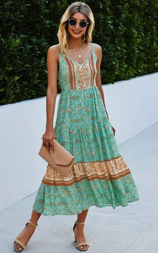 Vista 5 de Angashion - Vestido largo, diseño floral, ajustable con tirantes delgados, cuello en V, bohemio, para verano, playa, étnico y holgado, para mujer