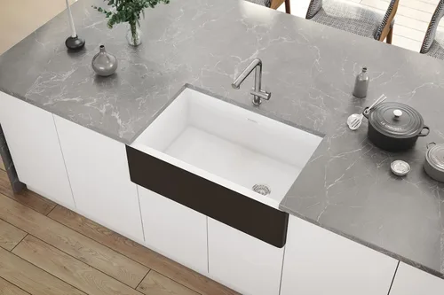 Vista 5 de Ruvati RVL4018RBW - Fregadero de cocina de drenaje compensado de arcilla refractaria de 30 pulgadas en blanco y negro