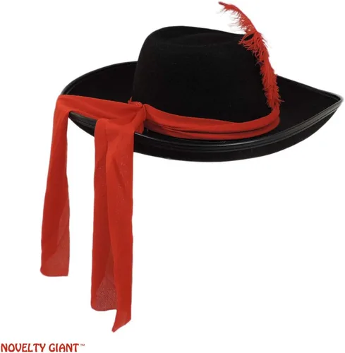 Vista 7 de Sombrero negro de tres mosqueteros con banda roja y pluma
