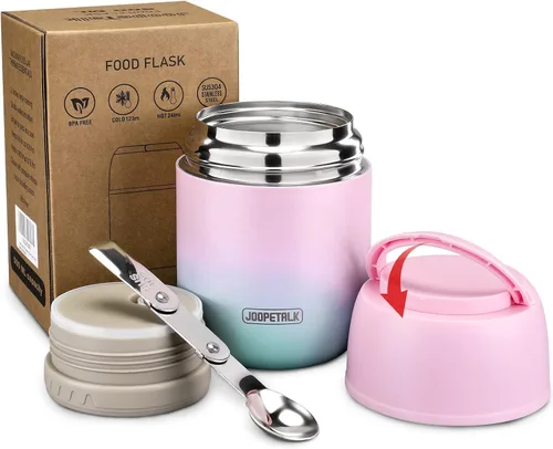 Vista 11 de JOOPETALK Recipientes de almuerzo aislados de 17 onzas, color negro, lonchera térmica de acero inoxidable al vacío con asa y cuchara plegable