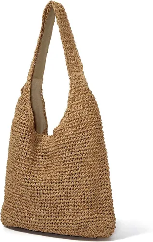 Vista 3 de CHIC DIARY Bolso de hombro de paja tejido a mano para mujer, asas de playa de verano, con cremallera