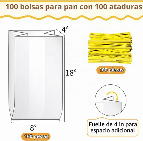 Vista 2 de Bolsas de pan con lazos, 100 bolsas de pan transparentes para pan casero y 100 lazos, bolsas de pan ajustables reutilizables de plástico, bolsas