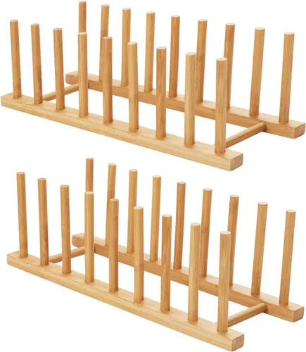 Vista 12 de HBlife - Escurreplatos de madera de acacia con organizador de tapa de olla y plato para gabinete, soporte de tabla de cortar, esculpidor