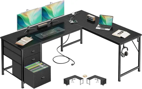 Vista 9 de Furologee Escritorio en forma de L de 55 pulgadas con tomas de corriente y puerto USB-C, escritorio esquinero reversible para computadora