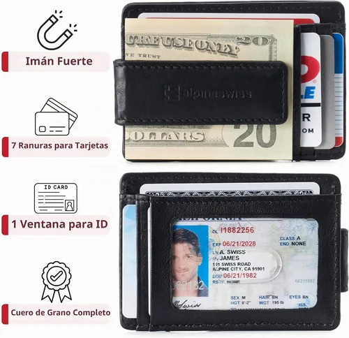 Vista 2 de Alpine Swiss Harper - Billetera delgada con clip para dinero, bolsillo frontal, RFID, de cuero, minimalista, para hombre, con soporte para tarjeta