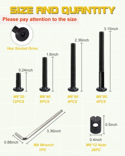 Vista 2 de Kit de repuesto de tornillos de cuna, 28 tornillos M6 y tuercas de barril para marco de cama, muebles, sillas y gabinetes, surtido de tornillos