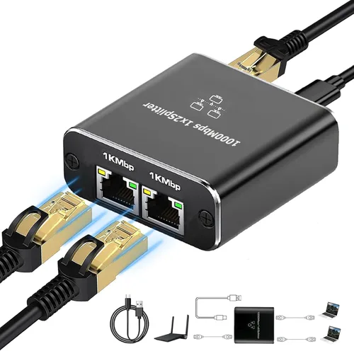 Vista 11 de Divisor Gigabit Ethernet 1 a 2 de alta velocidad (2 dispositivos de red simultáneamente), divisor de Internet de 1000 Mbps 1 entrada 2 salidas