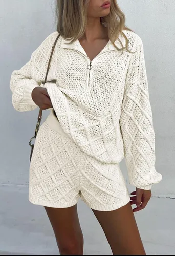 Vista 4 de Viottiset Conjunto de 2 piezas para mujer, suéter de descanso, cuello con cremallera, manga larga, pantalones cortos de punto