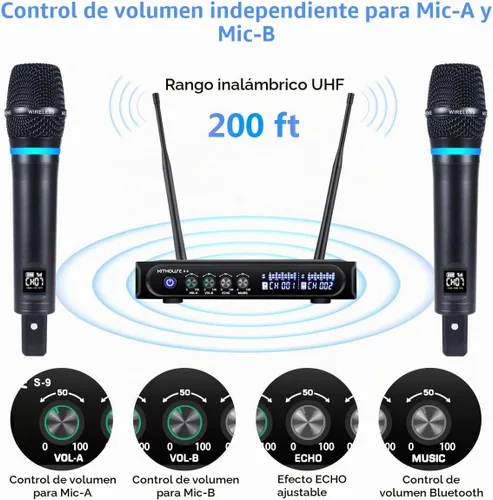 Vista 2 de S9 UHF Sistema de micrófono inalámbrico recargable para karaoke, micrófono inalámbrico dual con caja receptora Bluetooth + control de volumen ECHO