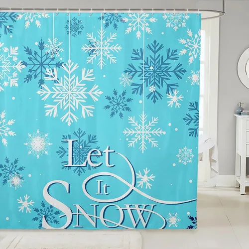 Vista 12 de Homewish Cortina de ducha de árbol de Navidad, juego de cortina de ducha de baño con diseño de copo de nieve dorado para niños y adultos, cortina