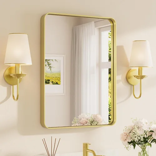 Vista 59 de Espejo de marco dorado cepillado de 16 x 24 pulgadas, espejo de tocador de baño de latón dorado para pared, espejo enmarcado rectangular de esquina