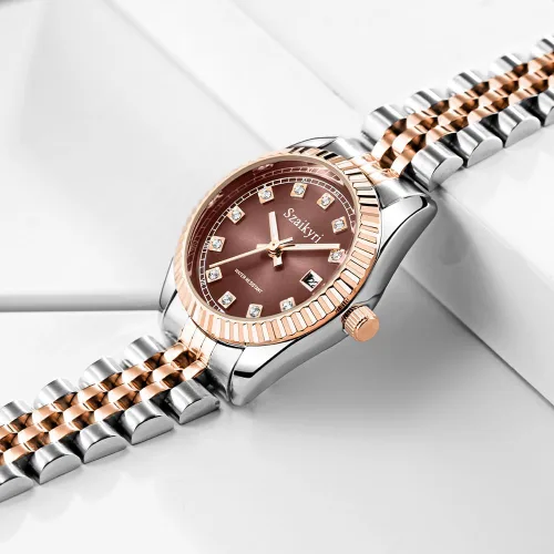 Vista 3 de Reloj clásico para mujer con banda de acero inoxidable sólido, reloj de vestir para mujer, reloj con calendario