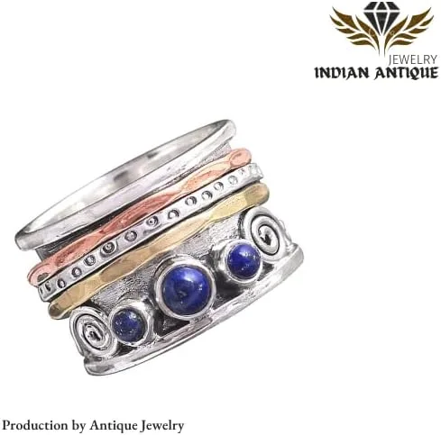 Vista 2 de Lapislázuli - Anillo giratorio de plata con piedras preciosas hechas a mano, 8, Plata, lapislázuli
