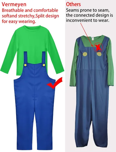 Vista 4 de Vermeyen Disfraz de Super Brothers para niños y adultos, traje de fontanero con sombrero, bigote, guantes, accesorio para disfraz de Halloween
