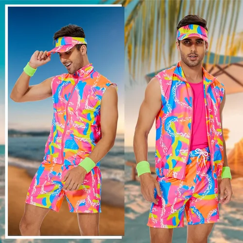 Vista 6 de 5 Pieces 80s Workout Costume for Men Halloween Cosplay 80s 90s Workout Outfit Party Clothing for Adult Mens
