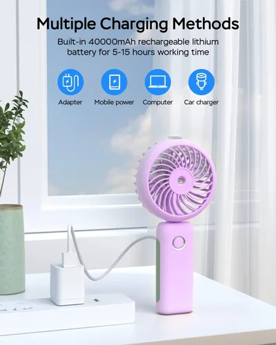 Vista 4 de RNKRUN Ventilador de mano portátil, ventilador plegable personal recargable por USB de 4000 mAh con tanque de agua, pulverizador de niebla de agua