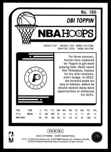 Vista 2 de 2023-24 NBA Hoops #186 Obi Toppin Indiana Pacers Official Panini Basketball Trading Card (Stock Photo Shown, Card in Near Mint to Mint Condition)