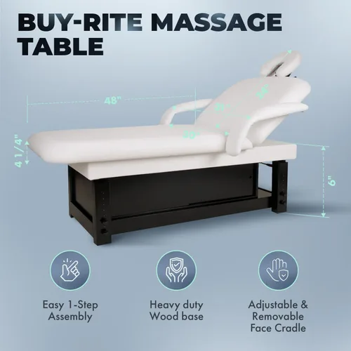 Vista 3 de Buy-Rite Mesa de masaje: Cama XL, Base de madera, Almacenamiento deslizante, Brazos flexibles, respaldo adj., espacio facial, Tapicería de vinilo