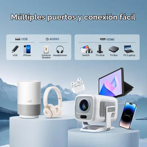 Vista 3 de Mini proyector con wifi y bluetooth pequeño, compatible con proyector portátil 4K 1080P Android 11,200 lúmenes ANSI, rotación de 180°, corrección