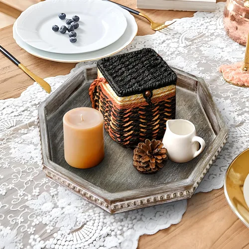 Vista 3 de Bandeja decorativa de madera, bandeja de servir pequeña con cuentas de madera, bandeja grande de estilo granja para otomano, encimera, mesa de café
