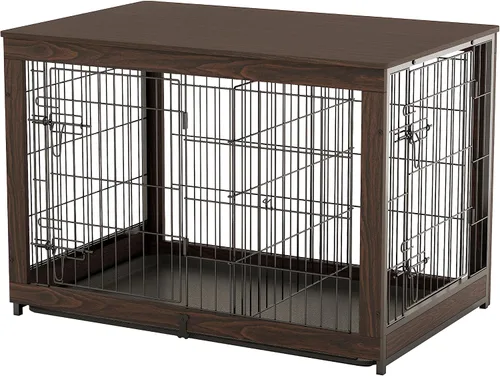 Vista 11 de Piskyet Muebles de madera para perros con panel divisor, mesa auxiliar de jaula para perros con bandeja deslizante fijable, puertas dobles