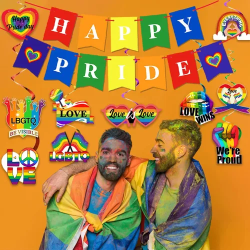 Vista 4 de Suministros para el Día del Orgullo Gay: decoración de remolinos colgantes de amor es amor, cartel de feliz día del orgullo para decoración de techo