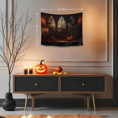 Vista 4 de QGHOT Tapiz de Halloween para colgar en la pared, tapiz de castillo de terror con ventana gótica, fondo espeluznante medieval, tapices