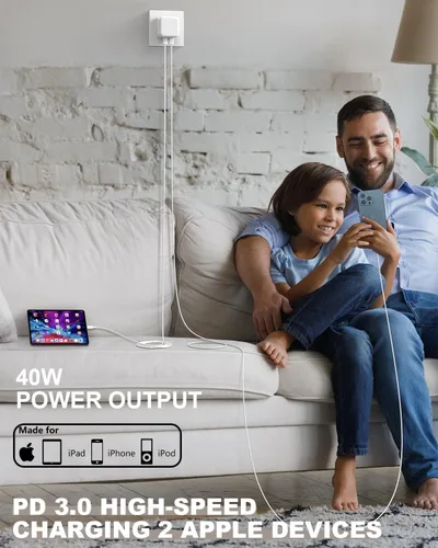 Vista 7 de Cargador rápido para iPhone, cargador de pared rápida USB-C dual de 40 W, carga de 10 pies, paquete de 2 cables Lightning extralargos de 10