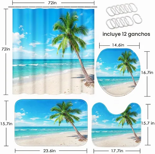 Vista 2 de ArtSocket Hermoso juego de baño de playa con cortina de ducha y accesorios de alfombras, paraíso de palmera de coco para isla de verano, cortina