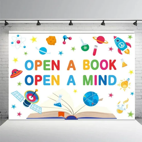 Vista 10 de AIBIIN Telón de fondo para fotografía del Día Mundial del Libro de 7 x 5 pies para fotografía Abrir un libro Abrir una mente Niños Estudiantes Aula