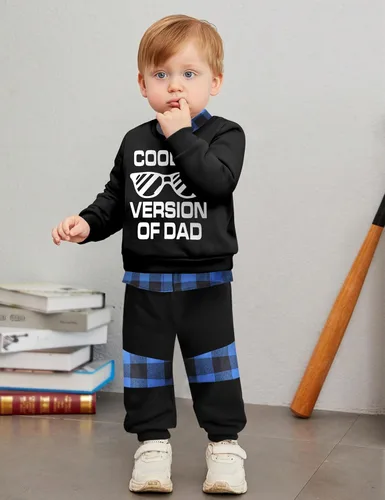 Vista 2 de Conjunto de 2 piezas de ropa para niños pequeños, camisa a cuadros con estampado de letras y pantalones largos, 2 piezas para otoño e invierno