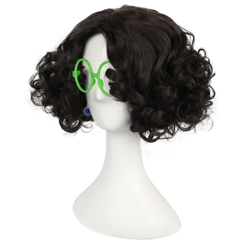 Vista 5 de IMEYLE Peluca marrón para mujeres y niñas (1 lentes verdes + 2 aretes) peluca rizada sintética Cosplay peluca para fiesta de disfraces de Halloween