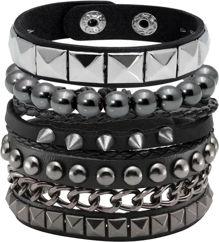 Vista 5 de Eigso Juego de 4 pulseras de cuero punk, con tachuelas de roca para hombres y mujeres, estilo retro, clásico, con pinchos, de metal, para hombre