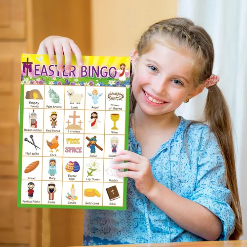 Vista 4 de Lewtemi Juego de bingo de Pascua, tarjetas de bingo religiosas con 24 jugadores, juegos para adultos y familia, adolescentes, suministros escolares