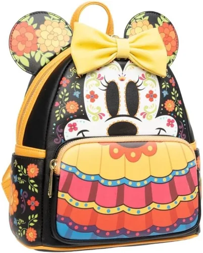Vista 4 de Loungefly Mini-mochila Minnie Mouse Dia de los Muertos Sugar Skull, Amarillo, negro, blanco