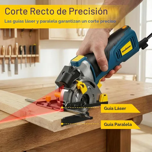 Vista 4 de Enventor Mini sierra circular, sierra circular eléctrica mejorada de 5A/600 W, con cable con guía láser, 5,500 RPM, 3 hojas de sierra compactas