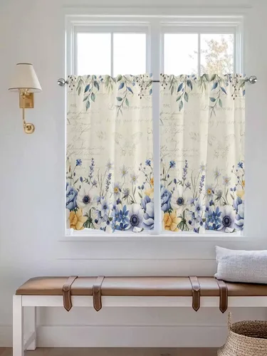 Vista 9 de Cortinas florales azules de primavera de 24 pulgadas de largo, 2 paneles, paneles de cortina con bolsillo para barra, flores botánicas de verano