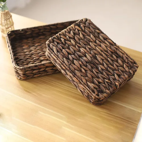 Vista 6 de Bandeja de servir tejida de jacinto de agua rectangular Bandejas de almacenamiento de mimbre tejidas a mano para café/desayuno/postre/fruta/pan