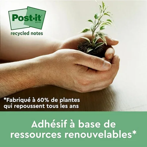 Vista 5 de Post-it Notas superadhesivas 100% recicladas, paquete de 3 blocs, 70 hojas por bloc, 1.874 in x 1.874 in, rosa, verde, azul, notas extra adhesivas