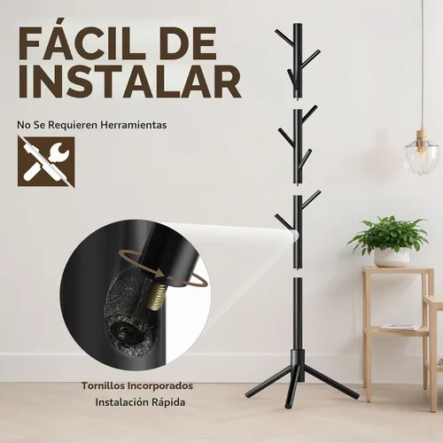 Vista 4 de Hupmad Perchero de árbol de madera, perchero resistente independiente con 8 ganchos, 3 alturas ajustables para niños y adultos, perchero de madera