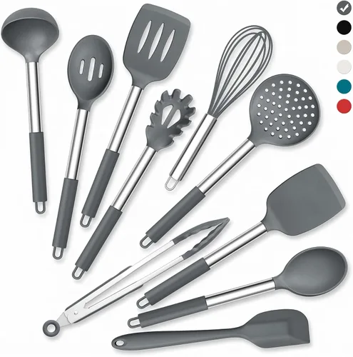 Vista 15 de Onader Juego de 10 utensilios de cocina de silicona, con soporte y mango de acero inoxidable resistente al calor para utensilios de cocina Negro