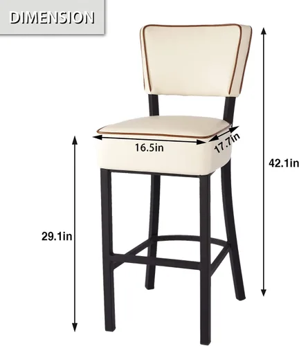 Vista 3 de Taburete de bar tapizado de 29 pulgadas con patas de acero, taburetes acolchados de piel sintética con respaldo beige
