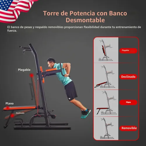 Vista 3 de HARISON Torre de potencia multifunción con banco, barra de dominadas resistente, estación de inmersión para gimnasio en casa, entrenamiento