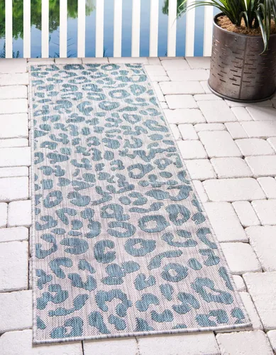 Vista 20 de Unique Loom colección Outdoor Safari Alfombra para exteriores - Leopardo (13' redonda, azul/gris)